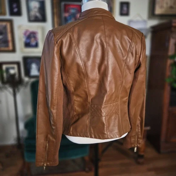 Kenneth Cole New York Cognac Faux Leather Moto Jacket Brown Small Quilted Zip - Picture 4 of 8